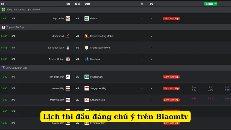 Lịch thi đấu đáng chú ý trên Biaomtv